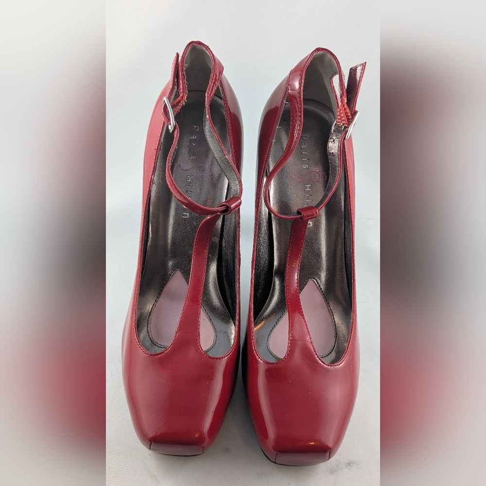 Paris Hilton Red Patent Pinup T-Strap Platform Stiletto Heels 8M